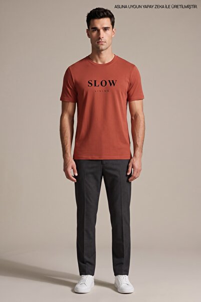 Maccali Kiremit Men's Slow Living Printed Crew Neck Loose Fit T-Shirt