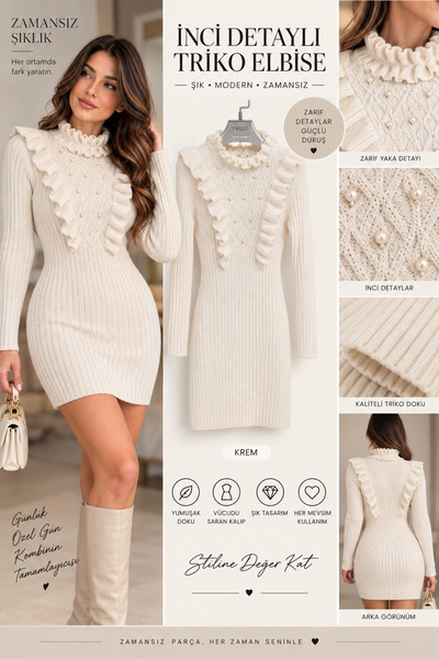 Ravello Collection İnci Detaylı Fırfırlı Triko Elbise