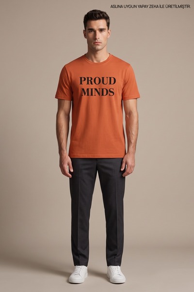 Maccali Orange Men's Proud Minds Printed Crew Neck Loose Fit T-Shirt