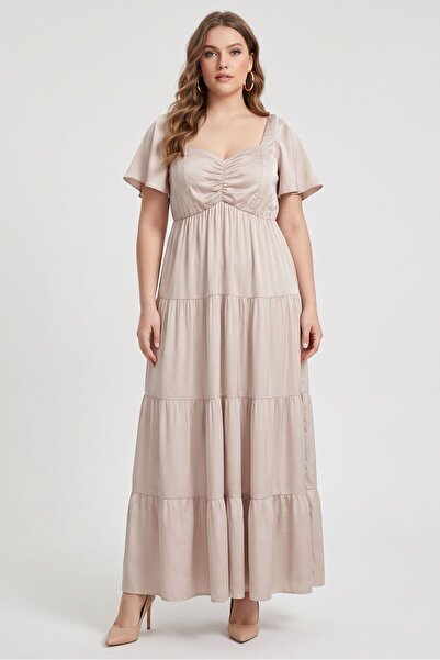 Show Me Your Mumu Women Plus Size Plain Casual Maxi Dress, Beige