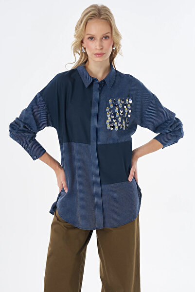 KYR %100 Lyocell Payet İşlemeli Tunik Lacivert