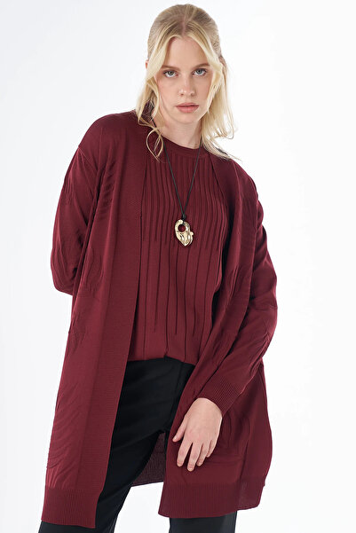 Kayra Leaf Patterned Knitwear Cardigan Claret Red