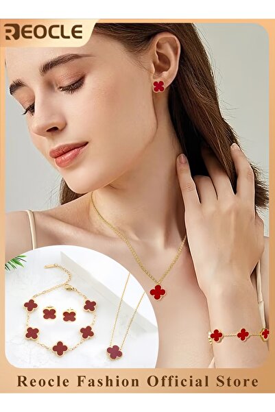 REOCLE Four-leaf Lucky Clover Jewellery Set for Women 18K Gold-Plated Four Le...