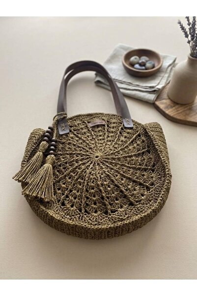 Handmade El Yapımı Kağıt İp Örgü Püsküllü Deri Saplı Haki Yeşil Yuvarlak Kadın Omuz Çantası