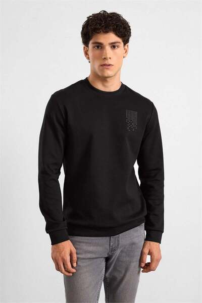 SÜVARİ Siyah Regular Düz Baskılı İnterlok Bisiklet Yaka Cepsiz Sweatshirt