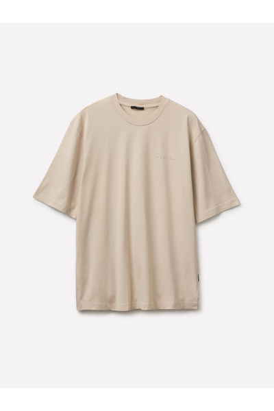 Sisley Erkek Taş %100 Pamuk Etiket Detaylı Bisiklet Yaka T-Shirt