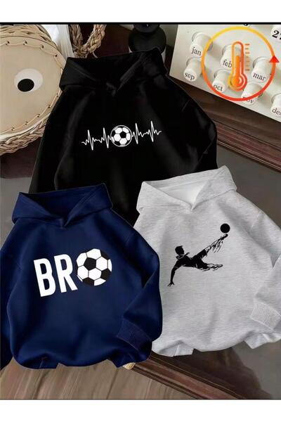 MORNİNG KİDS Erkek Çocuk 3'lü Paket Kapşonlu Futbolcu Ve Top Baskılı Sweatshirt (LACİ-Siyah-Gri)
