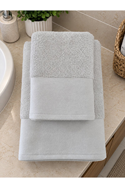 Tanem Home %100 Pamuklu Saten Bordürlü 2'li Havlu Seti 50x90 El Yüz + 70x140 Banyo Havlusu