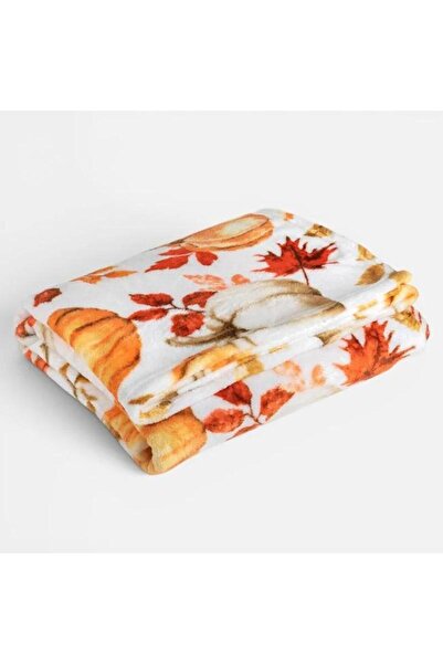 AVA Decorative White Throw with Orange Autumn Leaves, Polyester, 160x130cm