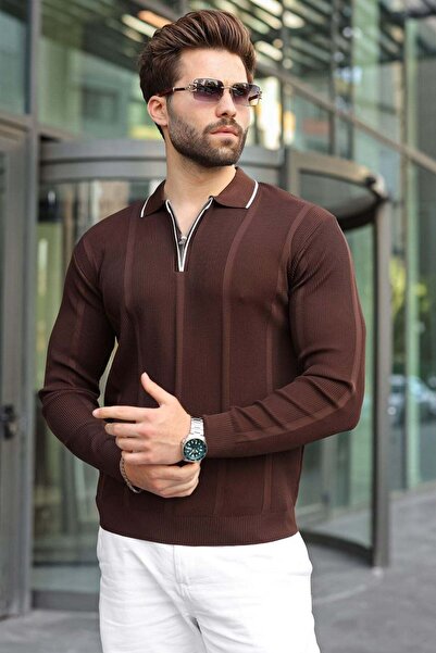 Madmext Brown Polo Collar Half Zipper Ribbed Men's Knitwear Sweater E7515