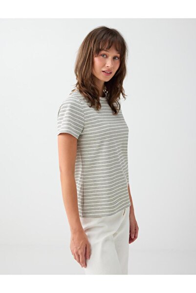 Jimmy Key Gray Melange Stripe Patterned Round Neck Short Sleeve Blouse