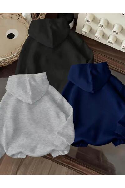 MORNİNG KİDS Erkek Çocuk 3'lü Paket Kapşonlu Futbolcu Ve Top Baskılı Sweatshirt (LACİ-Siyah-Gri)