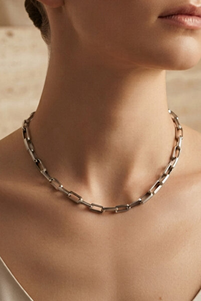 Rua Jewelry Çelik Ataş Blok Zincir Kolye 4 Mm Gümüş Renk| Kararmaz , Kadın, 2...
