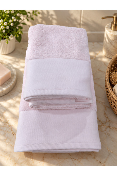 Tanem Home %100 Pamuklu Saten Bordürlü 2'li Havlu Seti 50x90 El Yüz + 70x140 Banyo Havlusu