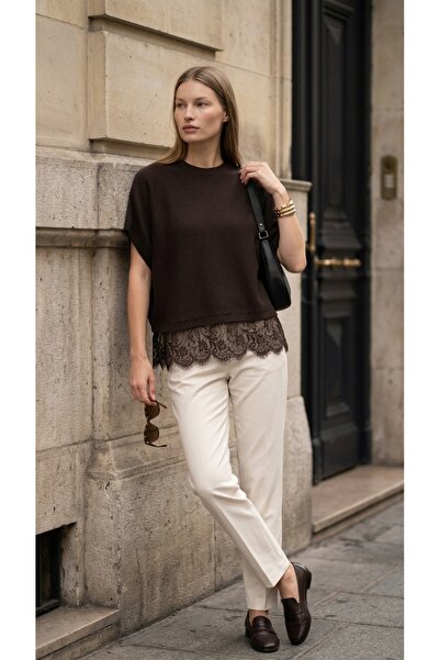 fujya Lace Detail Bat Pattern Knitwear