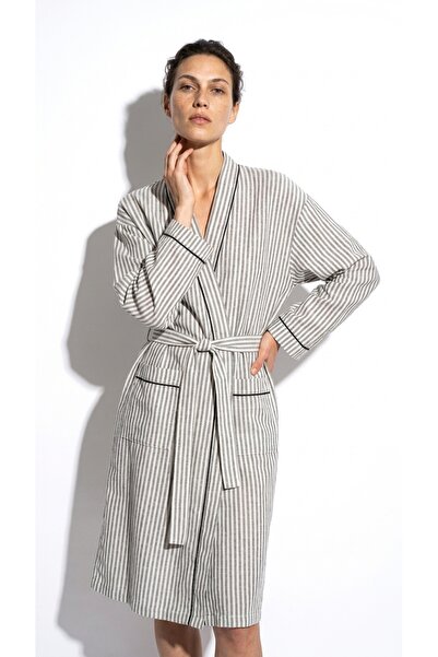 Minteks Moods Çizgili Biye Detaylı Kimono Sabahlık