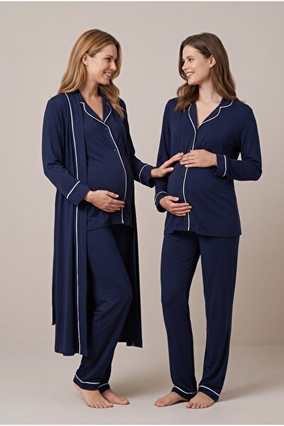 LOHOUSE Women's Navy Blue Pajama Set with Pleated Front Buttons and Dressing ...
