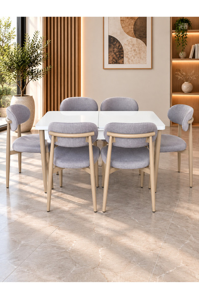 DEREN HOME Calvin Serisi 80x130 Ölçü Açılabilir Masa +6 Adet Metal İskeletli ...