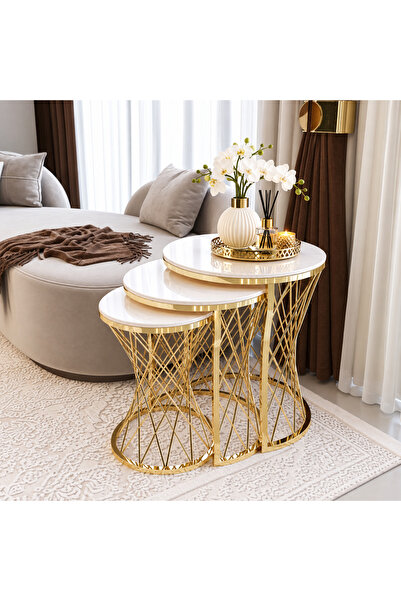 A&E HOME Hasır 3lü Zigon Sehpa Gold Ayak Krem Mdf