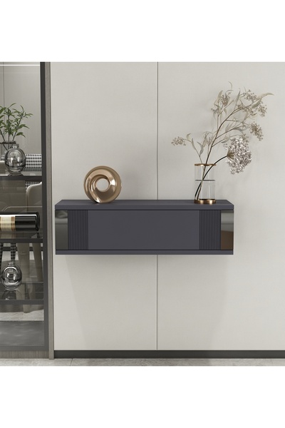 morepp İris 70cm Duvara Monte Kapaklı Raflı Modern Dresuar Antrasit-Gümüş