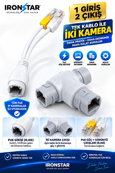 IRONSTAR PoE splitter 1 giriş 2 çıkış / Tek Ethernet kablosuyla 2 kamera bağl...