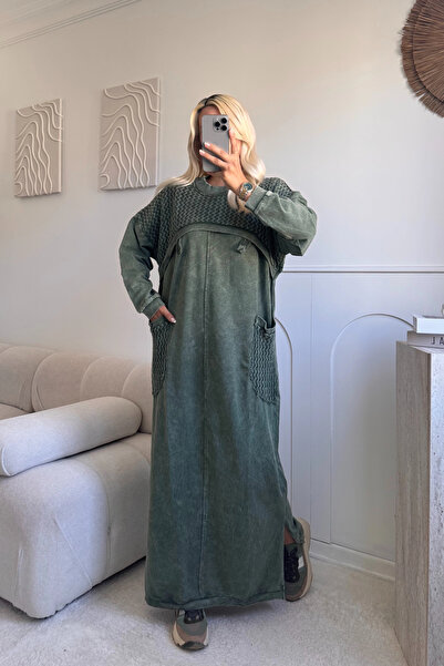 SUMEF Khaki Tricot Detailed Dress with Pockets, 100% Cotton, Oversized Fit, S...