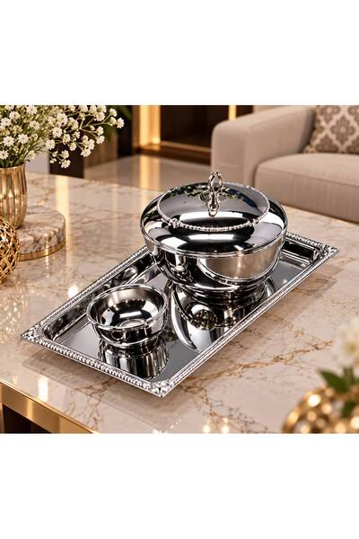 aljahwari Lavender Exercise Set with a Plate and a Shiny Silver Serving Tray.