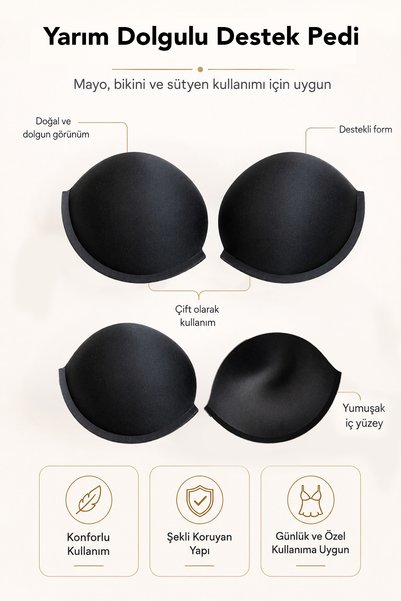 Juene Half Padded Breast Pad - Swimwear Bikini Washable Bra Support Pad Black