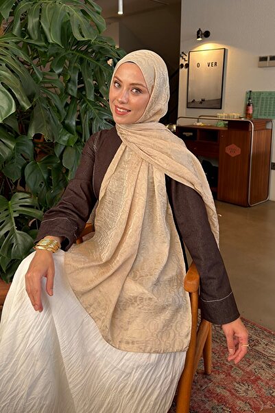 lamelif Qq Pattern Ayrobin Floral Jacquard Shawl Beige