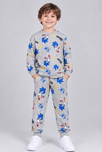 Riccotarz Gray Pajama Set for Boys with Sonic Text and Character Print