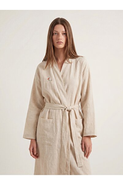 Minteks Carezza Embroidery Detailed Kimono Collar Dressing Gown