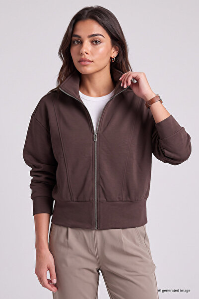TOMMY LIFE Καφέ Γυναικείο Φούτερ με Όρθιο Γιακά Standard Fit Crop - 97317