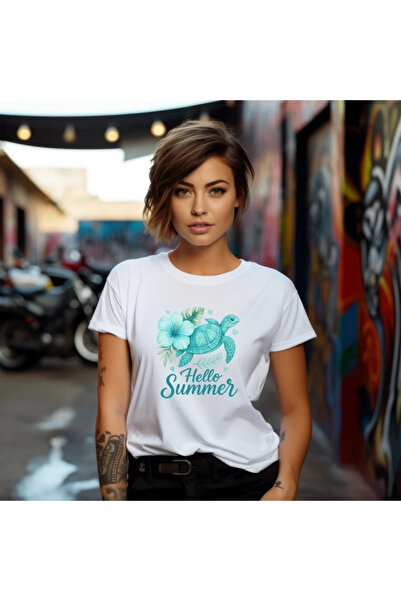OKTANE Tricou vara Hello summer turtle turquoise alb 2XL