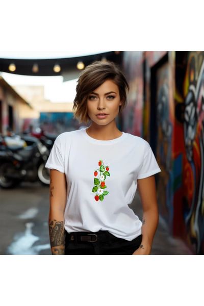 OKTANE Women's t-shirt Cherese model 11, summer, Fruits, 100% Cotton, white c...