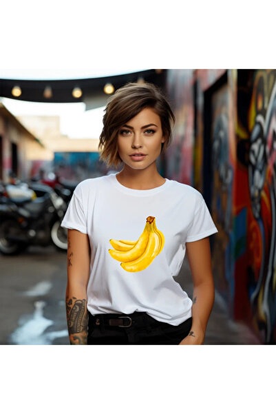 OKTANE Tricou dama Banane model 1, de vara, Fructe, 100%bumbac, culoare alb S