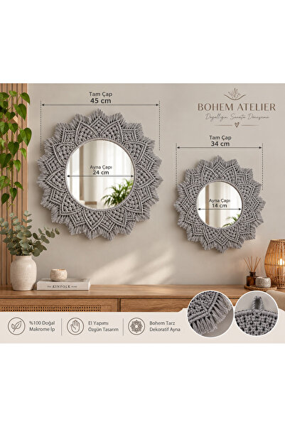 BohemAtelierTasarım Bohem Atelier Tasarım Gerçek Aynalı Gri Makrome Ayna Seti...