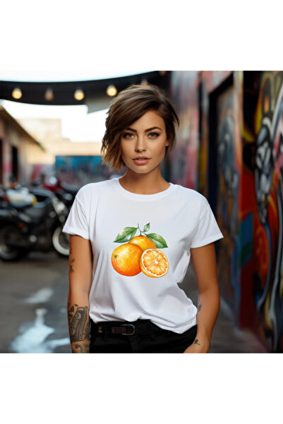 OKTANE Women's t-shirt Oranges model 8, summer, Fruits, 100% Cotton, white co...