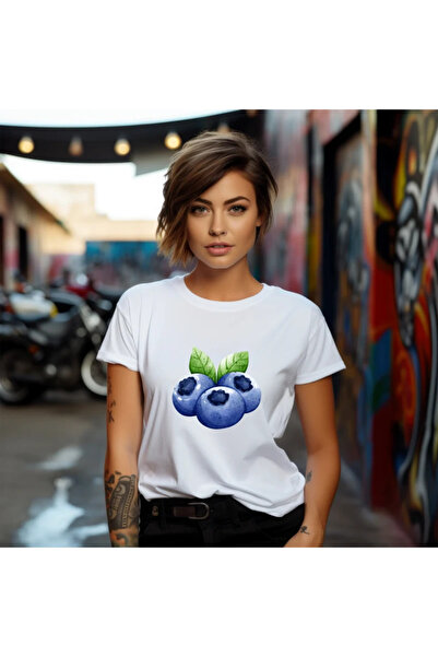 OKTANE Tricou dama Afine model 1, de vara, Fructe, 100%bumbac, culoare alb 2XL