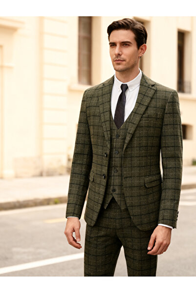 Generic Men's Elegant Olive Green & Gray 3-Piece Suit – Slim Fit Jacket, Vest...