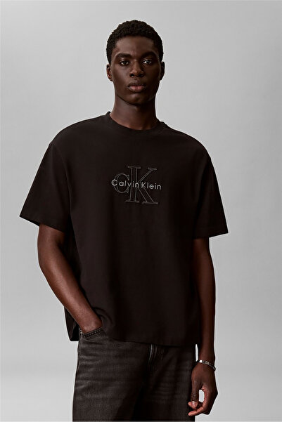 Calvin Klein Men's Relaxed Fit Ck Logo Embroidered Round Neck Short Sleeve Bl...