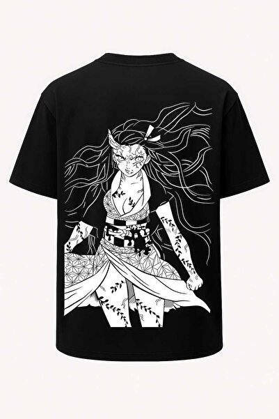 nirvoda Овърсайз тениска с принт Незуко от Kimetsu no Yaiba с бяла линия - Го...