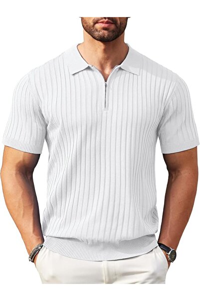 GENERAL Knitted Polo Collar T-Shirt Short Sleeve Zipper Casual Style Men's Go...