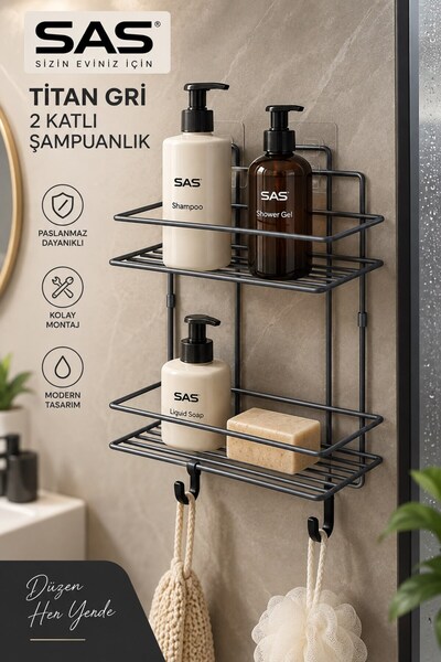 Sas Haus Titan Gri 2 Katlı Yapışkanlı Şampuanlık Delmeden Montaj Metal Banyo Rafı 26 cm