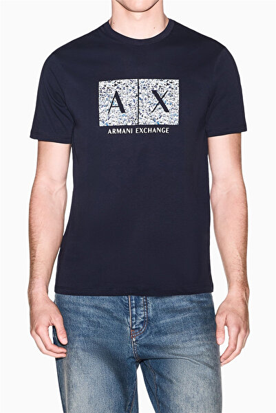 Armani Exchange تي شيرت رجالي برقبة دائرية باللون الأزرق الداكن