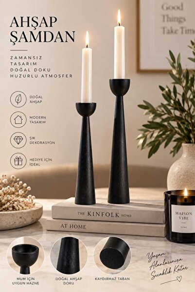 2'li Siyah Ahşap Şamdan Seti 20-25 cm Dekoratif Mumluk