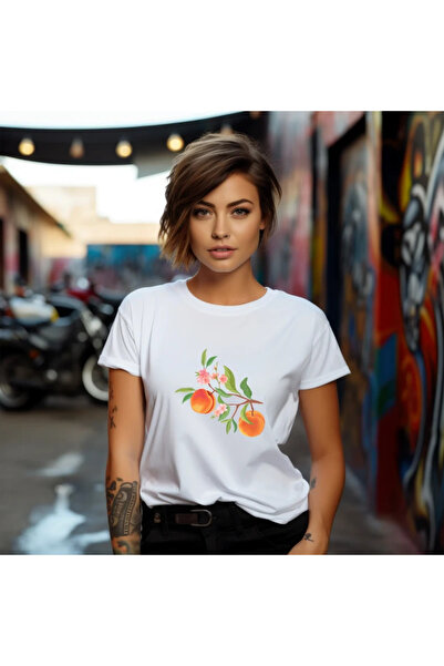 OKTANE Women's t-shirt Peaches model 10, summer, Fruits, 100% Cotton, white c...