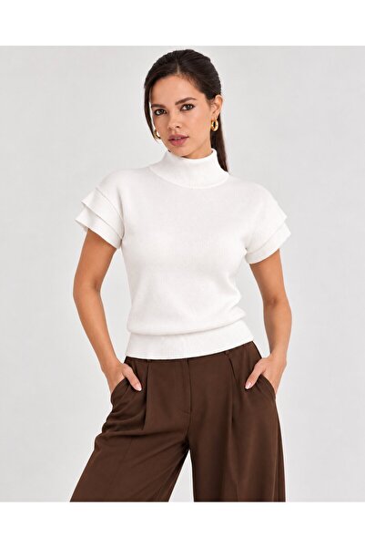 CARLA MARA Women's White Turtleneck Knitwear Blouse Layered Flounce Sleeves S...
