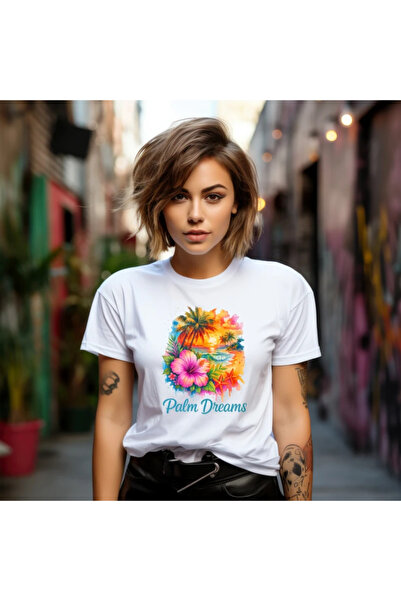 OKTANE Tricou vara Tropical beach sunset flori alb L