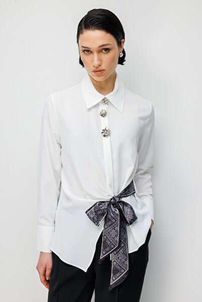 Moda İlgi Women's Bow-Tie Waist Woven Fabric Shirt 0033 Ecru-Black