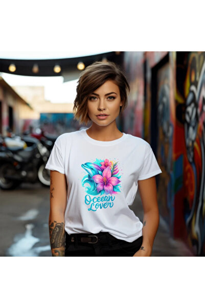 OKTANE t-shirt Ocean love dolphin flower white M